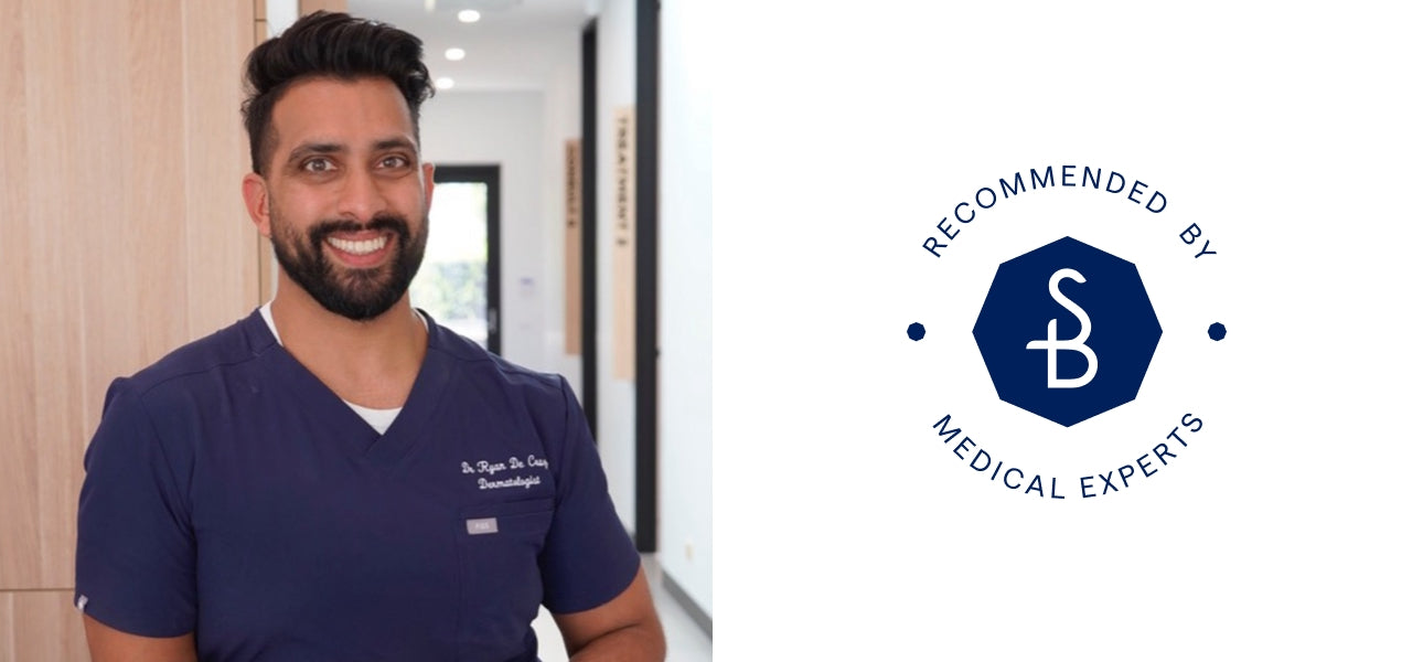 Man in a blue shirt with a logo and text 'Recommended by Medical Experts' on a white background