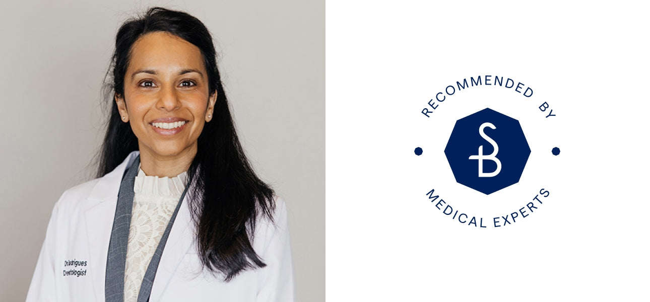 Woman in a white coat with a 'Recommended by Medical Experts' logo on a gray background