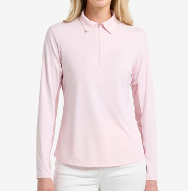 Light pink long-sleeve shirt worn by a person on a white background