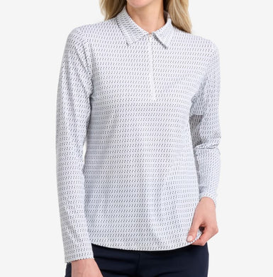 Woman wearing a patterned long-sleeve shirt on a white background