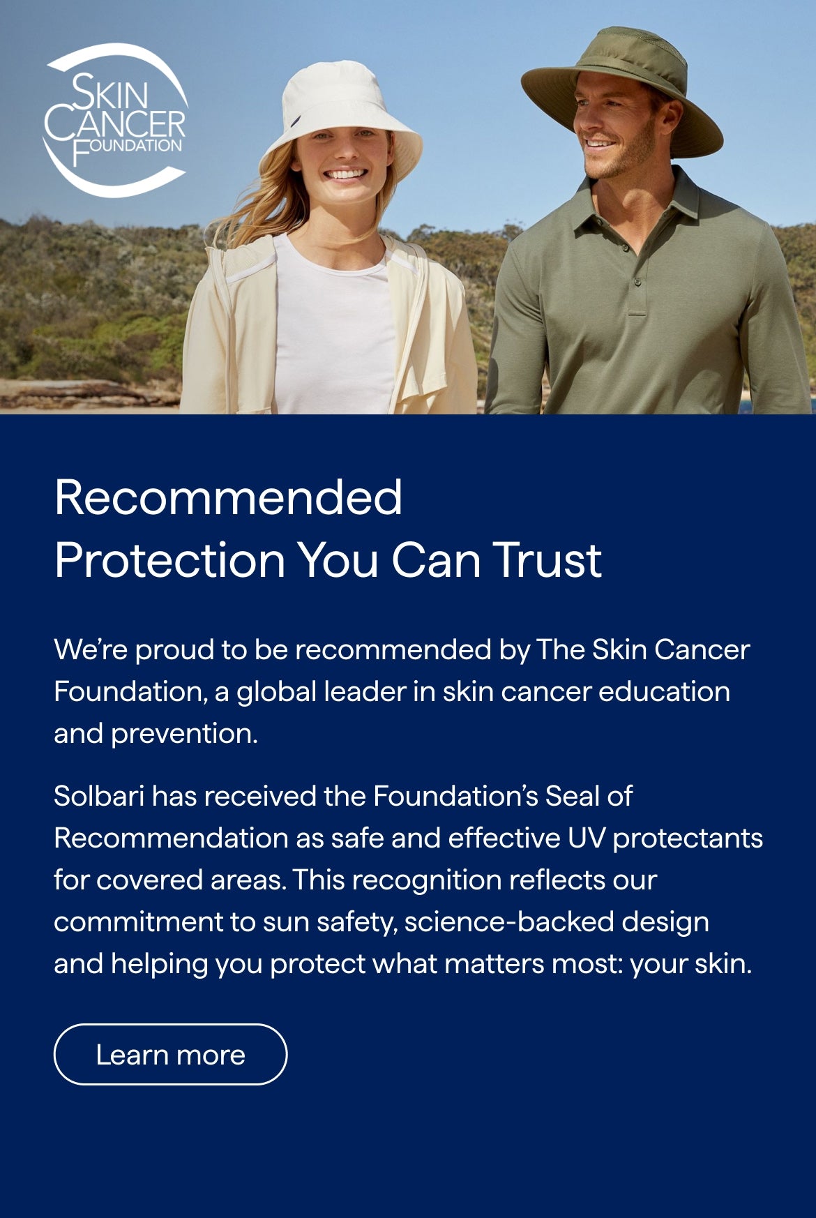 Two people outdoors with text about the Skin Cancer Foundation and Solbari UV protectants.
